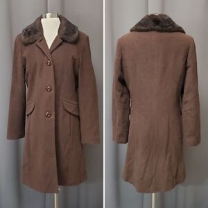 Vintage 90s y2k Esprit Chocolate Brown Wool Blend Faux Fur Midi Trench Coat Md